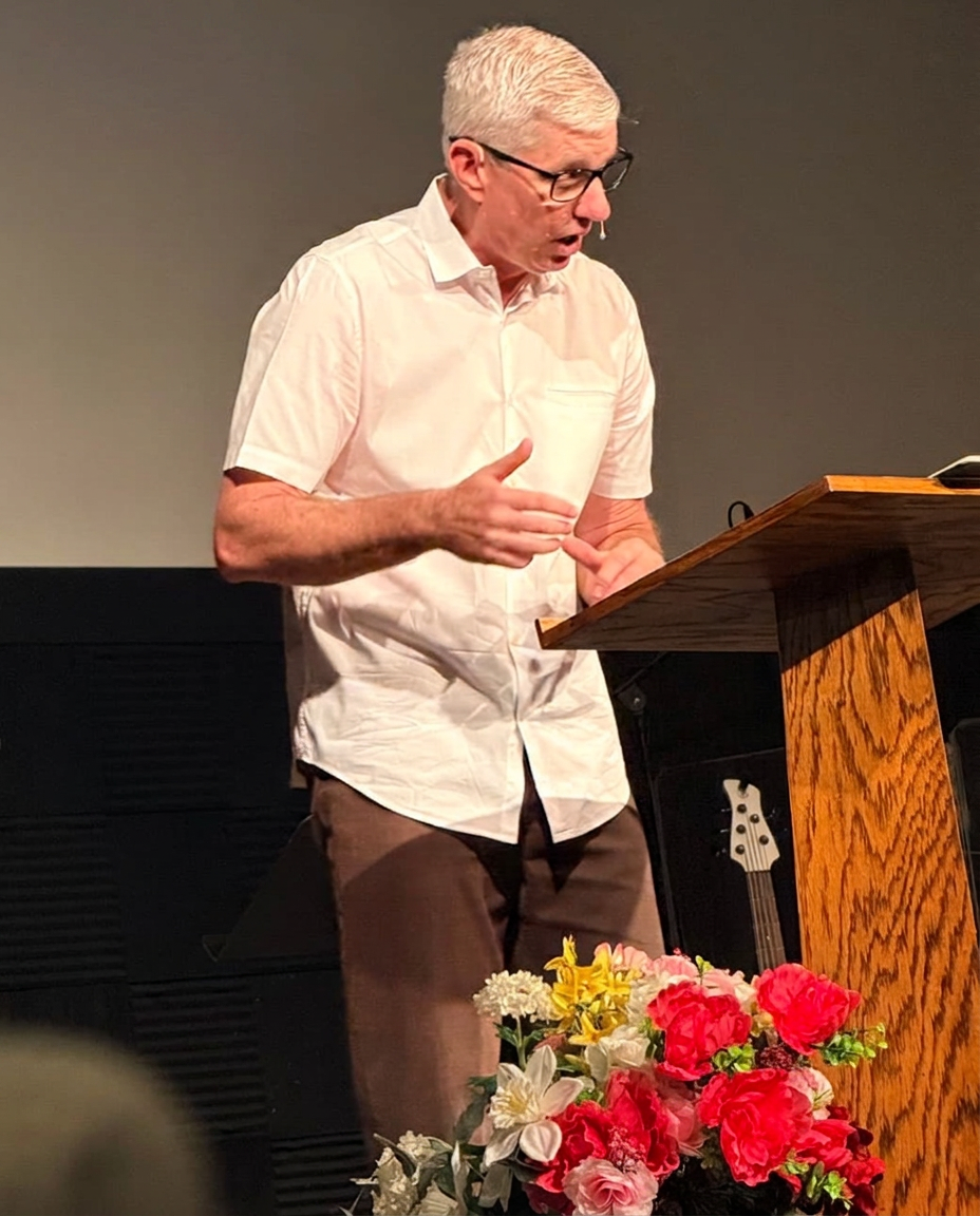 Pastor preaching during a Sunday service at Cornerstone Community Church